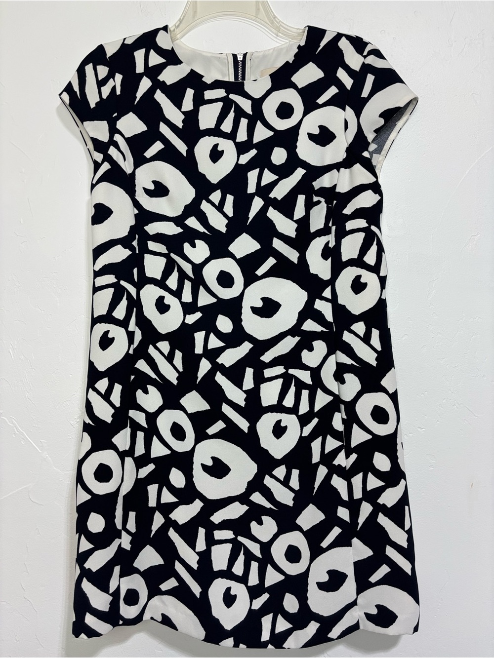 LOFT Women's 4P Petite Black/Navy White Geometric Shift Knee Dress Lined Zip